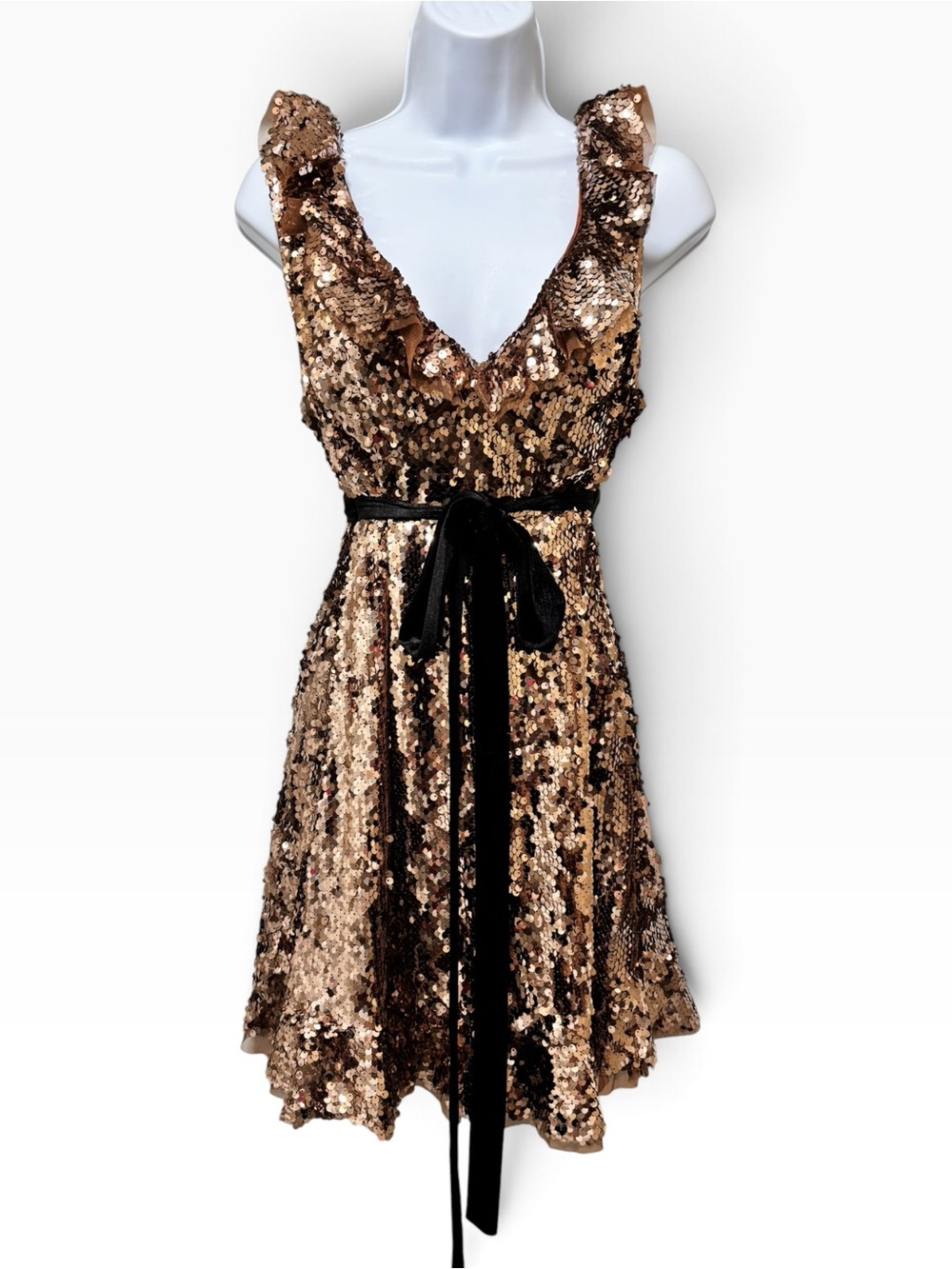 Free People Bronze Sequin Ruffle Mini Dress Velvet Belt Size 6 - Picture 2 of 9